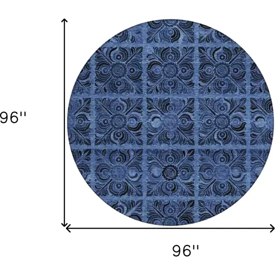 8' Denim Blue And Charcoal Round Medallion Washable Indoor Outdoor Area Rug Photo 3