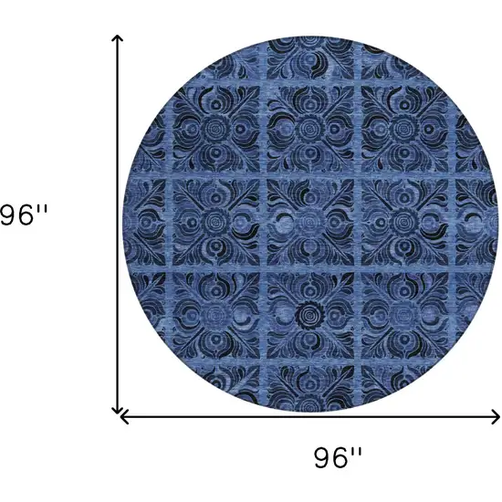8' Denim Blue And Charcoal Round Medallion Washable Indoor Outdoor Area Rug Photo 3