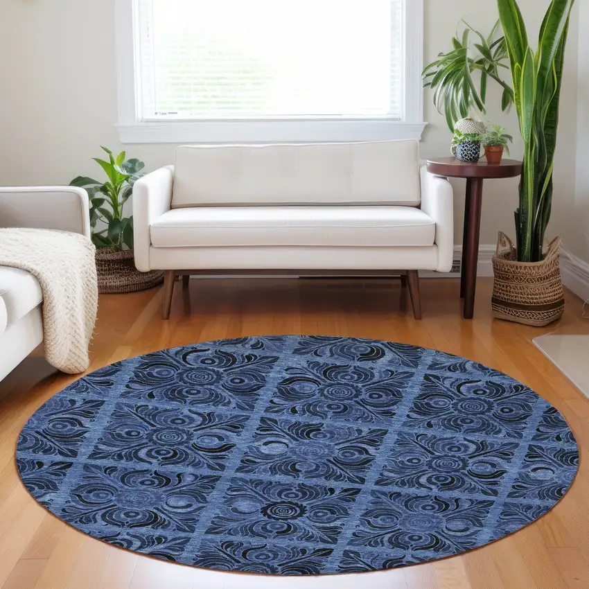 8' Denim Blue And Charcoal Round Medallion Washable Indoor Outdoor Area Rug Photo 9