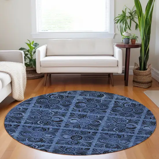 8' Denim Blue And Charcoal Round Medallion Washable Indoor Outdoor Area Rug Photo 9