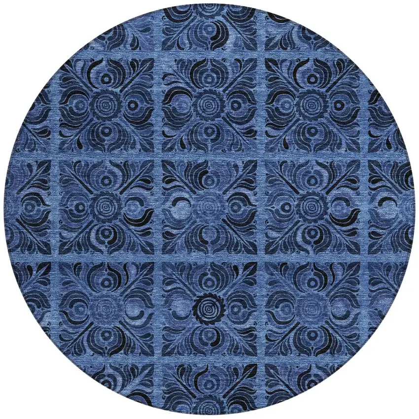 8' Denim Blue And Charcoal Round Medallion Washable Indoor Outdoor Area Rug Photo 7