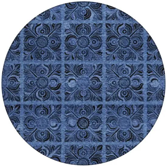 8' Denim Blue And Charcoal Round Medallion Washable Indoor Outdoor Area Rug Photo 7