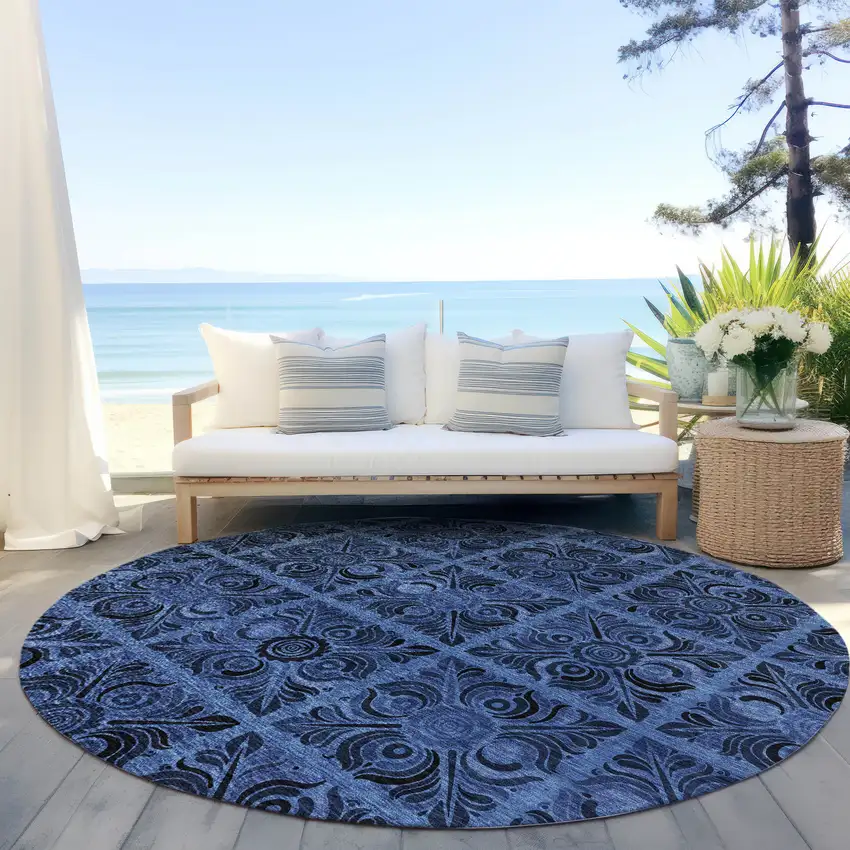 8' Denim Blue And Charcoal Round Medallion Washable Indoor Outdoor Area Rug Photo 8