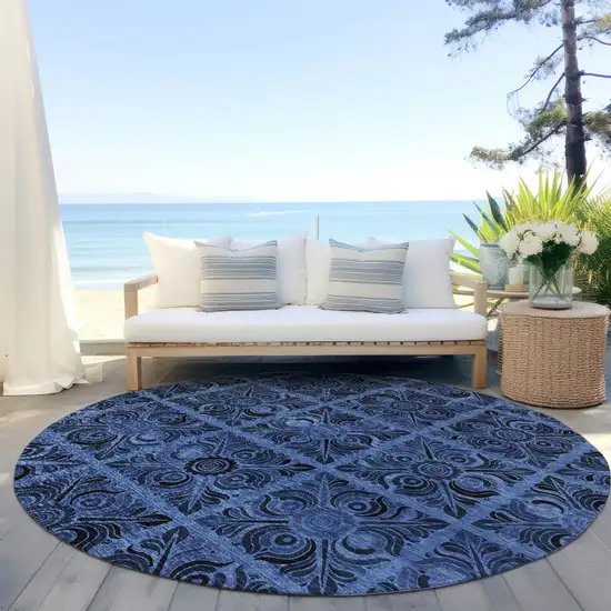 8' Denim Blue And Charcoal Round Medallion Washable Indoor Outdoor Area Rug Photo 8