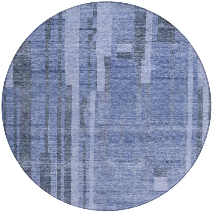 8' Denim Blue And Charcoal Round Striped Washable Indoor Outdoor Area Rug Photo 2