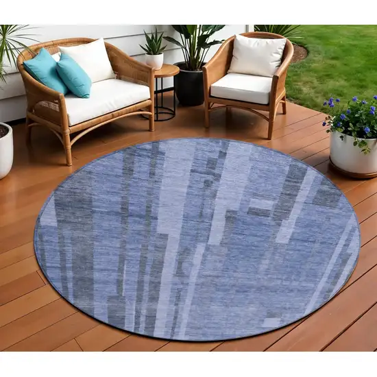8' Denim Blue And Charcoal Round Striped Washable Indoor Outdoor Area Rug Photo 1