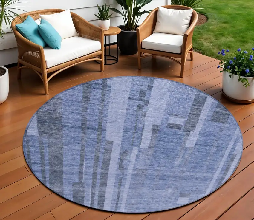 8' Denim Blue And Charcoal Round Striped Washable Indoor Outdoor Area Rug Photo 1