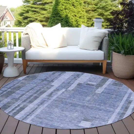 8' Denim Blue And Charcoal Round Striped Washable Indoor Outdoor Area Rug Photo 7
