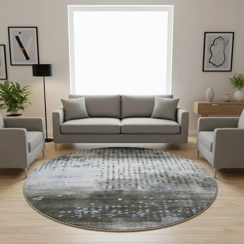 8' Denim Blue And Chocolate Geometric Washable Round Rug With UV Protection Photo 2