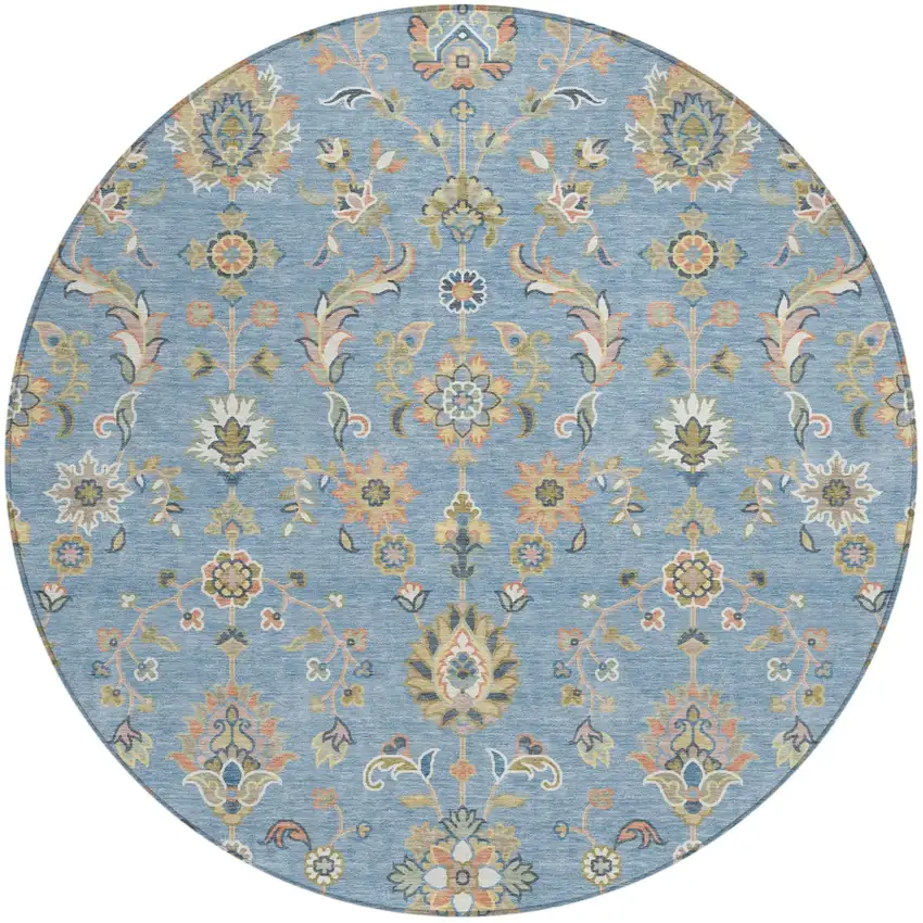 8' Denim Blue And Copper Round Abstract Washable Indoor Outdoor Area Rug Photo 1