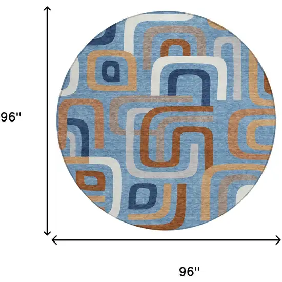 8' Denim Blue And Copper Round Geometric Washable Indoor Outdoor Area Rug Photo 7