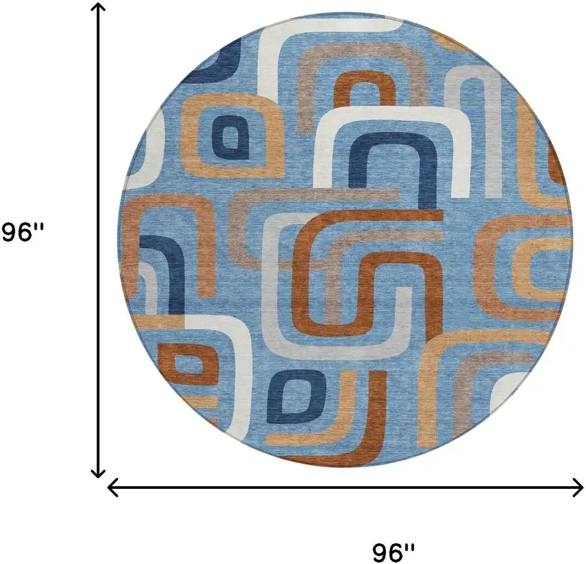8' Denim Blue And Copper Round Geometric Washable Indoor Outdoor Area Rug Photo 7