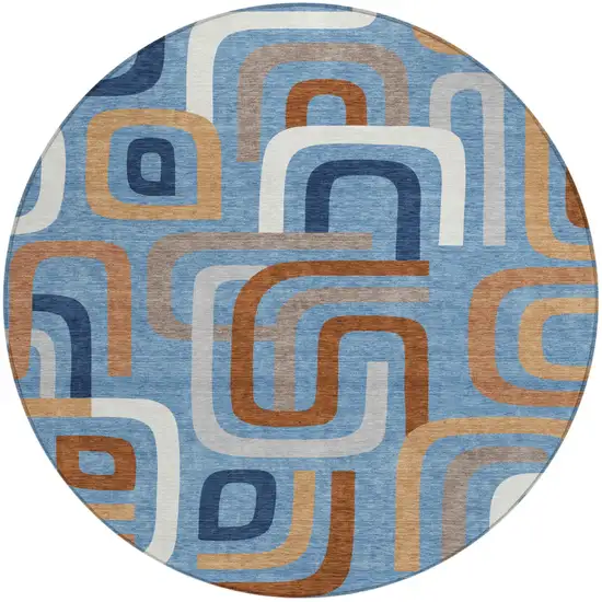 8' Denim Blue And Copper Round Geometric Washable Indoor Outdoor Area Rug Photo 2