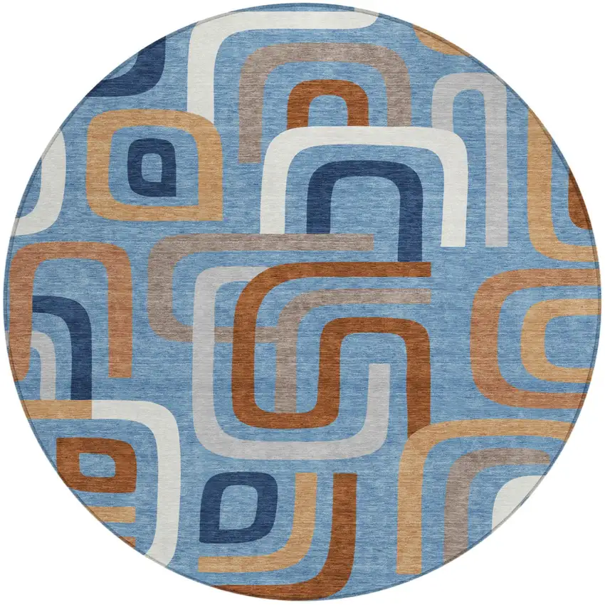 8' Denim Blue And Copper Round Geometric Washable Indoor Outdoor Area Rug Photo 2