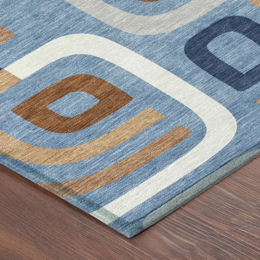 8' Denim Blue And Copper Round Geometric Washable Indoor Outdoor Area Rug Photo 5