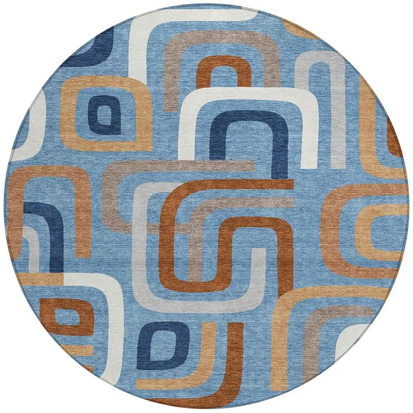 8' Denim Blue And Copper Round Geometric Washable Indoor Outdoor Area Rug Photo 4