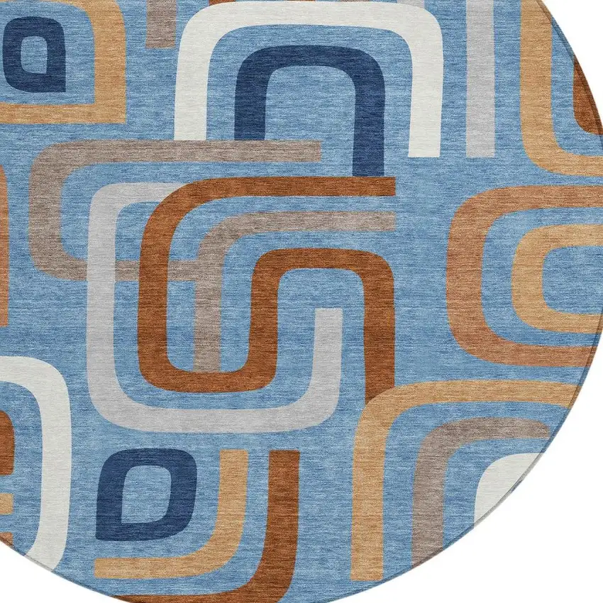 8' Denim Blue And Copper Round Geometric Washable Indoor Outdoor Area Rug Photo 3
