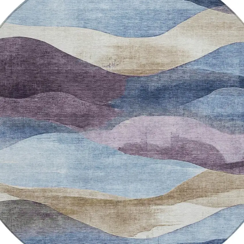 8' Denim Blue And Eggplant Round Abstract Washable Indoor Outdoor Area Rug Photo 4
