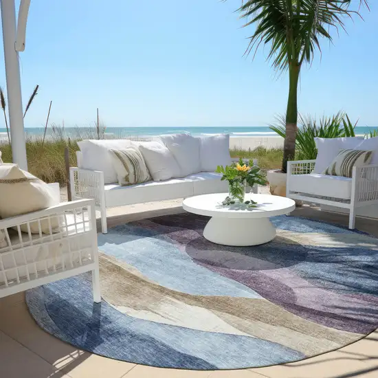 8' Denim Blue And Eggplant Round Abstract Washable Indoor Outdoor Area Rug Photo 6