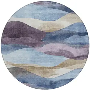 Photo of 8' Denim Blue And Eggplant Round Abstract Washable Indoor Outdoor Area Rug