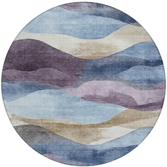 8' Denim Blue And Eggplant Round Abstract Washable Indoor Outdoor Area Rug Photo 1