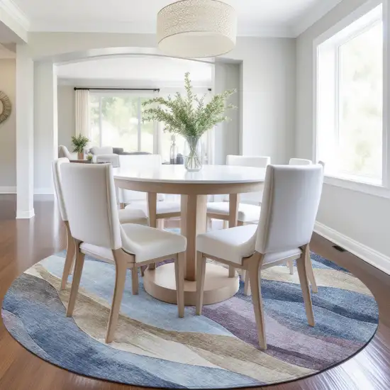 8' Denim Blue And Eggplant Round Abstract Washable Indoor Outdoor Area Rug Photo 7