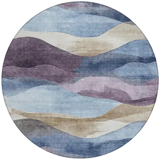 8' Denim Blue And Eggplant Round Abstract Washable Indoor Outdoor Area Rug Photo 3