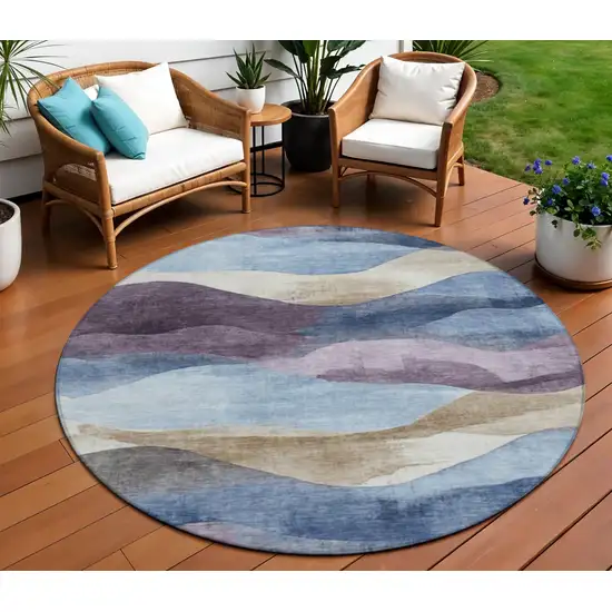8' Denim Blue And Eggplant Round Abstract Washable Indoor Outdoor Area Rug Photo 2