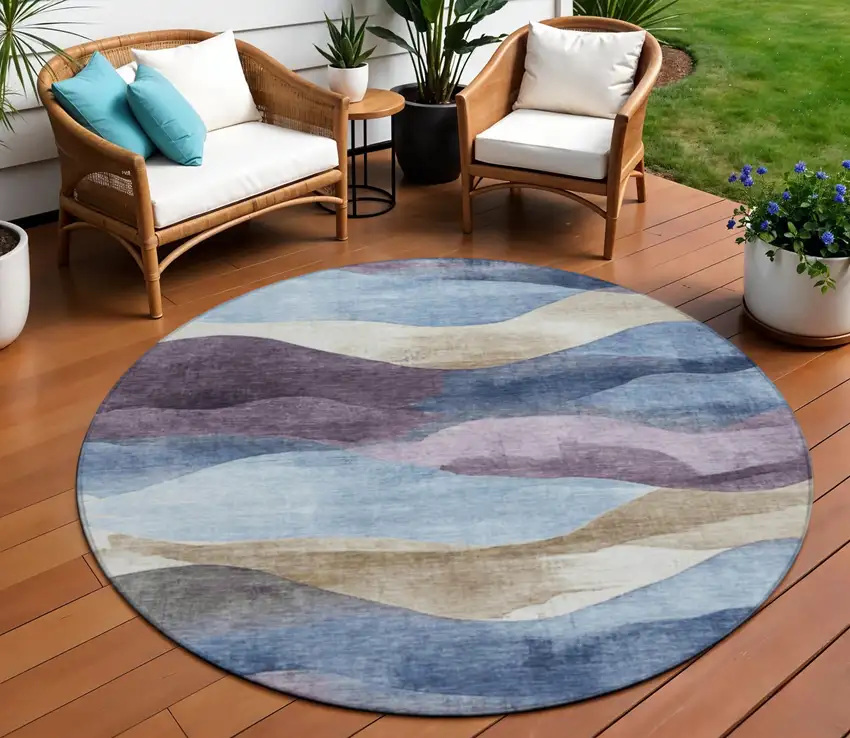 8' Denim Blue And Eggplant Round Abstract Washable Indoor Outdoor Area Rug Photo 2