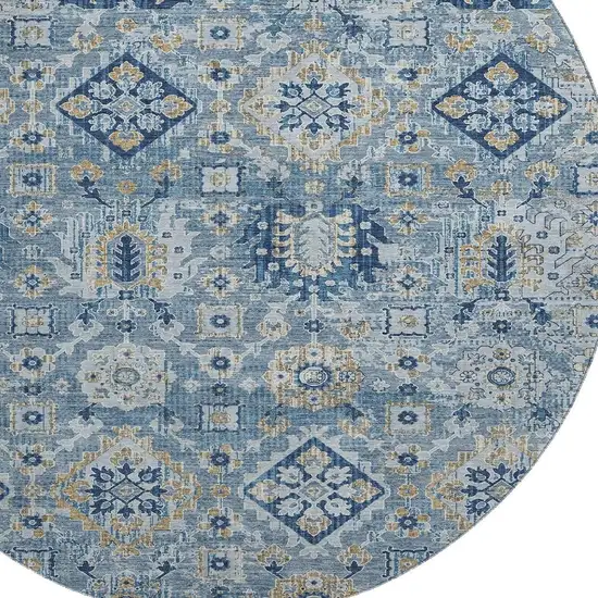 8' Denim Blue And Gold Oriental Washable Round Rug With UV Protection Photo 3