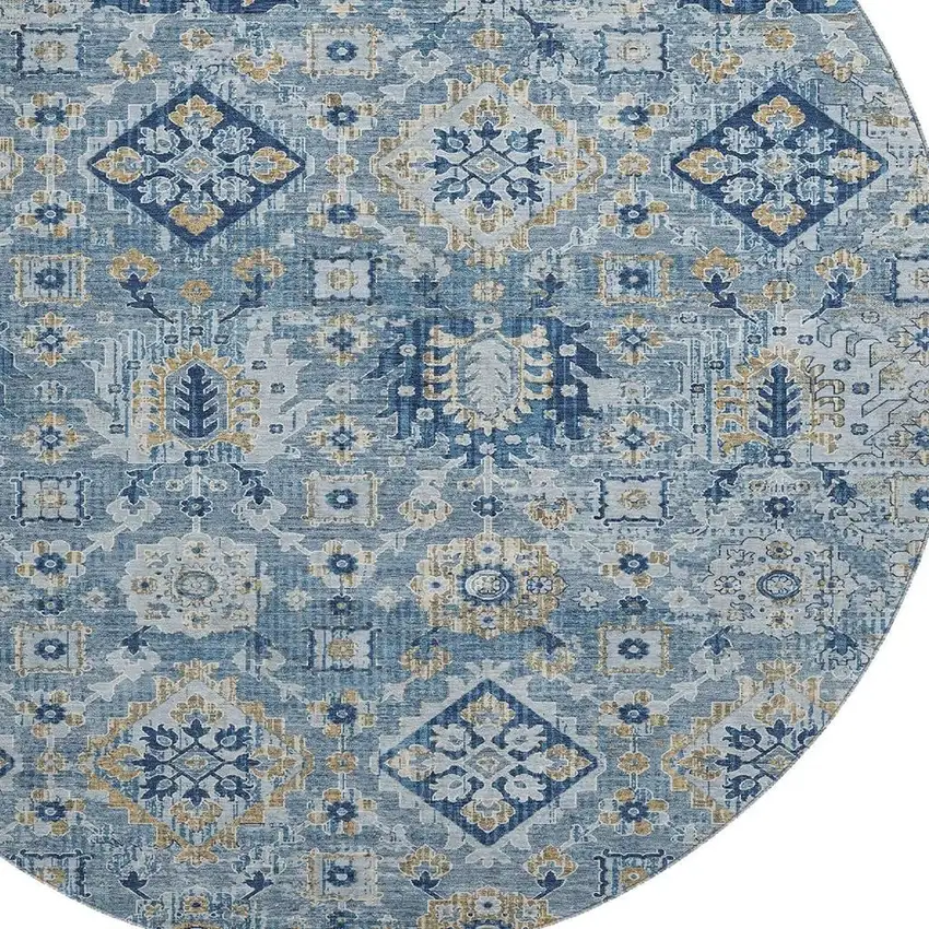 8' Denim Blue And Gold Oriental Washable Round Rug With UV Protection Photo 3