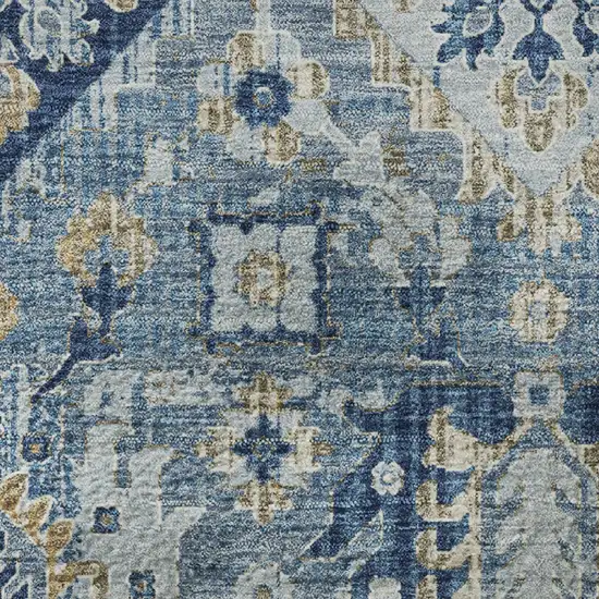 8' Denim Blue And Gold Oriental Washable Round Rug With UV Protection Photo 9