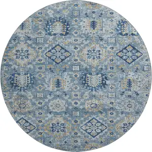 Photo of 8' Denim Blue And Gold Oriental Washable Round Rug With UV Protection