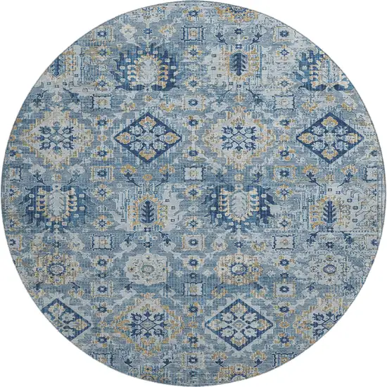 8' Denim Blue And Gold Oriental Washable Round Rug With UV Protection Photo 1
