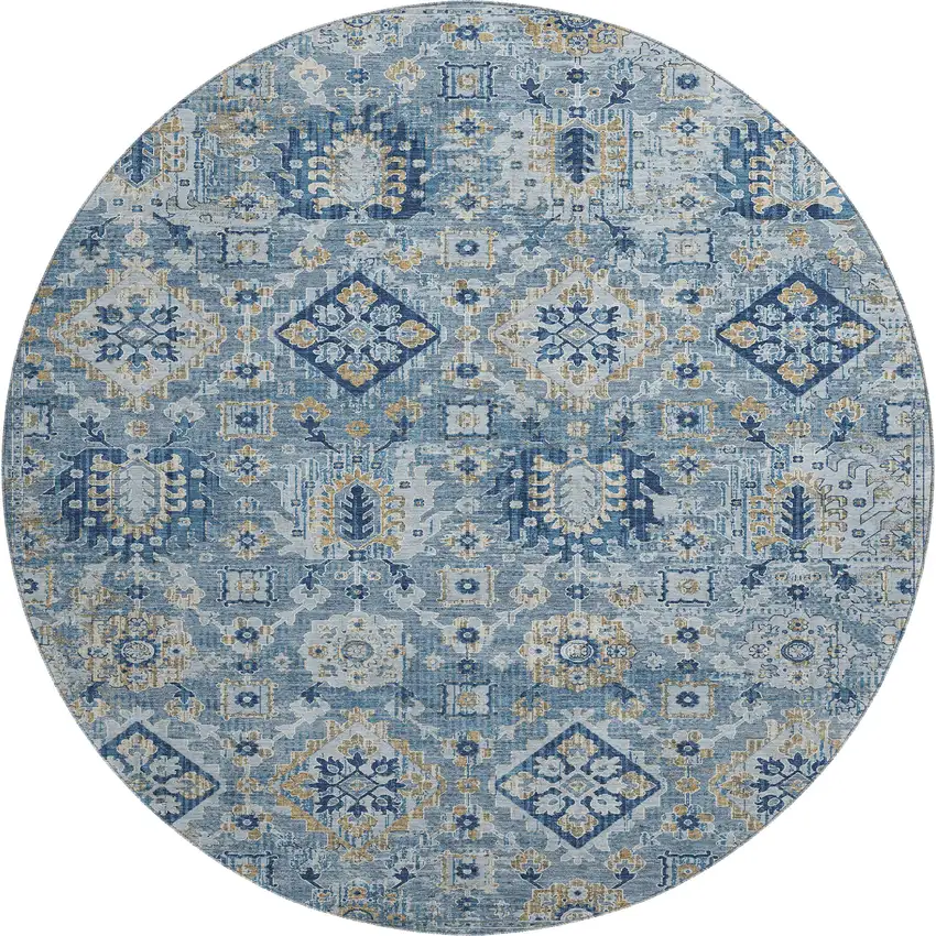 8' Denim Blue And Gold Oriental Washable Round Rug With UV Protection Photo 1