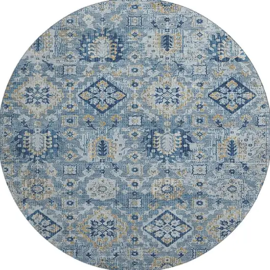 8' Denim Blue And Gold Oriental Washable Round Rug With UV Protection Photo 4