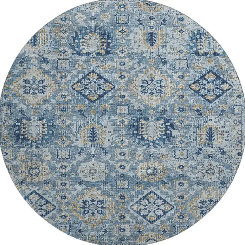 8' Denim Blue And Gold Oriental Washable Round Rug With UV Protection Photo 4