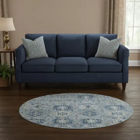 8' Denim Blue And Gold Oriental Washable Round Rug With UV Protection Photo 2
