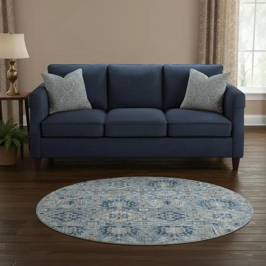 8' Denim Blue And Gold Oriental Washable Round Rug With UV Protection Photo 2