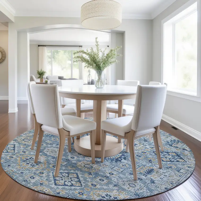 8' Denim Blue And Gold Round Floral Medallion Washable Indoor Outdoor Area Rug Photo 6