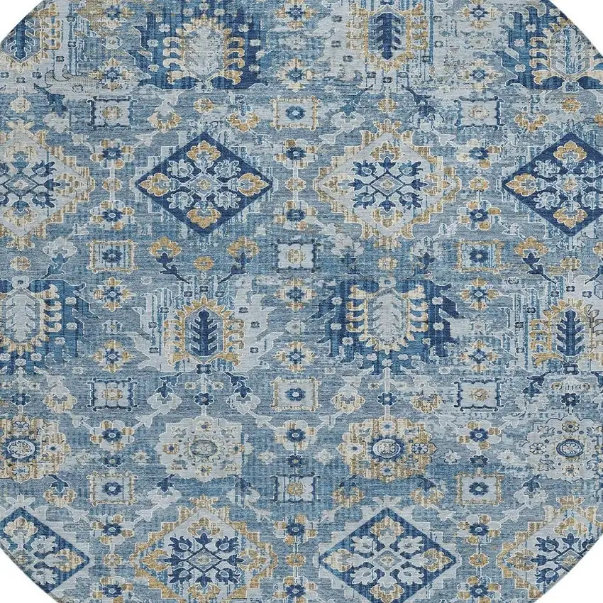 8' Denim Blue And Gold Round Floral Medallion Washable Indoor Outdoor Area Rug Photo 9