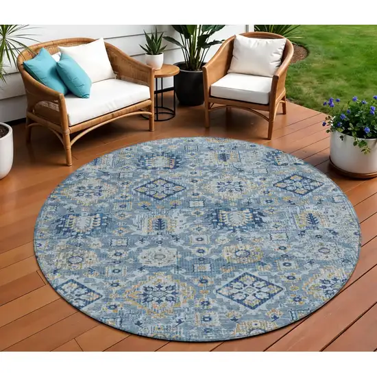 8' Denim Blue And Gold Round Floral Medallion Washable Indoor Outdoor Area Rug Photo 2