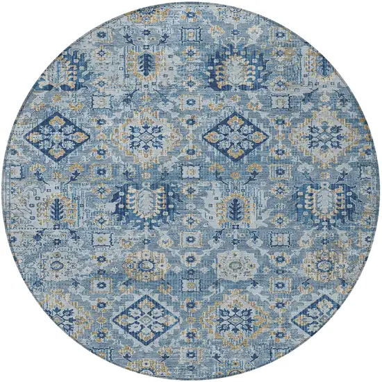 8' Denim Blue And Gold Round Floral Medallion Washable Indoor Outdoor Area Rug Photo 3