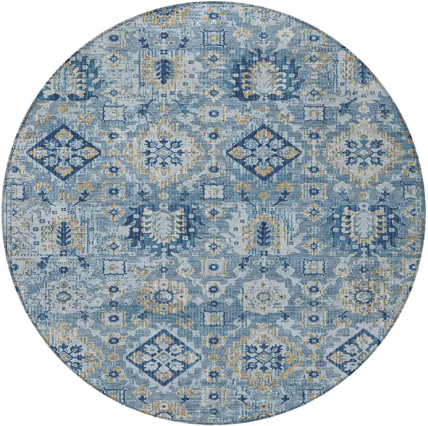 8' Denim Blue And Gold Round Floral Medallion Washable Indoor Outdoor Area Rug Photo 3