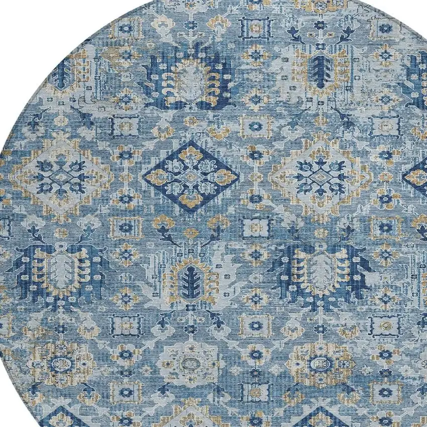 8' Denim Blue And Gold Round Floral Medallion Washable Indoor Outdoor Area Rug Photo 4