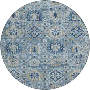 Photo of 8' Denim Blue And Gold Round Floral Medallion Washable Indoor Outdoor Area Rug