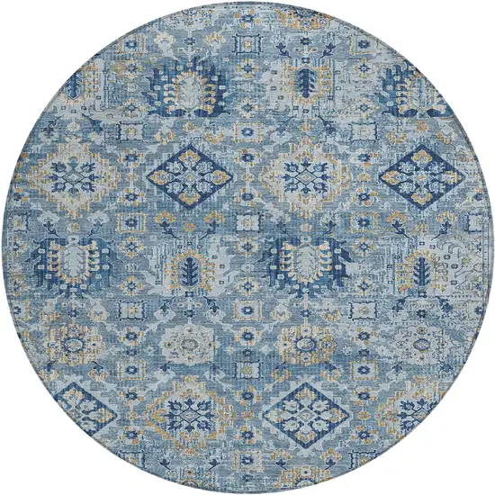 8' Denim Blue And Gold Round Floral Medallion Washable Indoor Outdoor Area Rug Photo 1