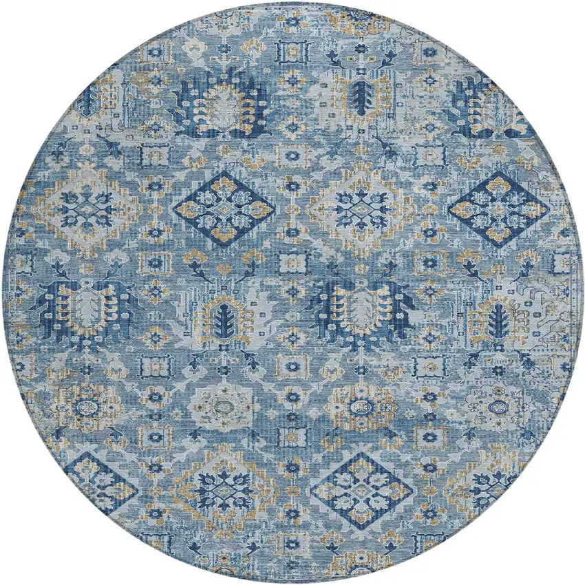 8' Denim Blue And Gold Round Floral Medallion Washable Indoor Outdoor Area Rug Photo 1