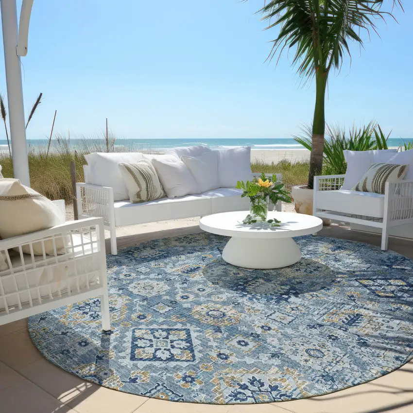 8' Denim Blue And Gold Round Floral Medallion Washable Indoor Outdoor Area Rug Photo 5