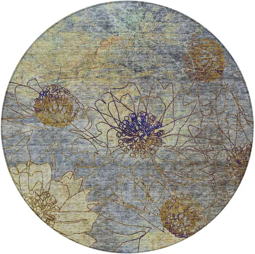 8' Denim Blue And Gold Round Floral Washable Indoor Outdoor Area Rug Photo 5